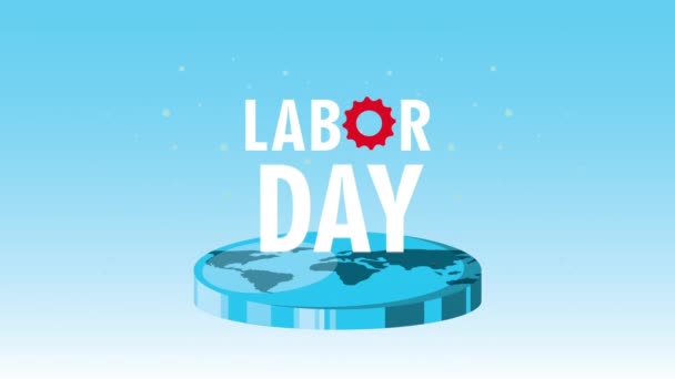 地球と労働者の帽子で幸せな労働日のお祝い — ストック動画
