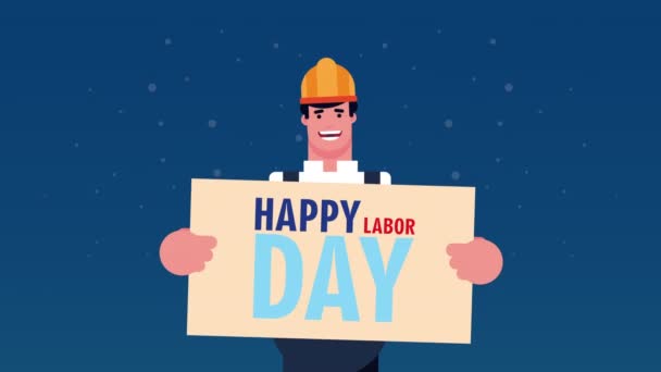 Šťastný svátek práce oslava s stavitelem zvedání nápisy — Stock video