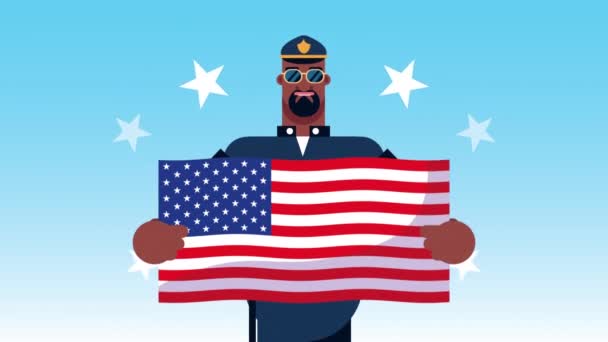 Polizist Arbeiter mit US-Flagge Animation — Stockvideo