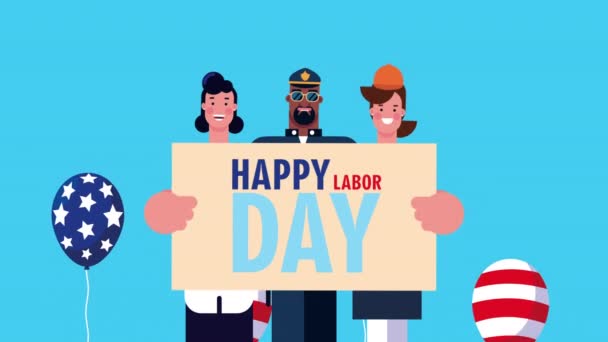 Selamat hari buruh perayaan dengan pekerja mengangkat surat — Stok Video