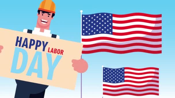 Happy labor day celebration with builder lifting lettering — Stock Video