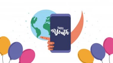 Dünya Gezegeni ve akıllı telefonlu mutlu uluslararası gençlik günü kutlamaları