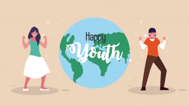 Šťastný mezinárodní den mládeže oslavy se světovou planetou a pár — Stock video