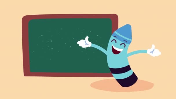 Cute crayon and chalkboard supply kawaii comic character animation — Stock Video