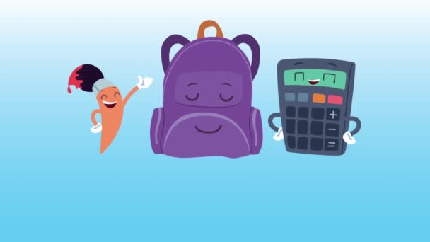 Cute schoolbag i dostaw kawaii komiks znaków animacji — Wideo stockowe