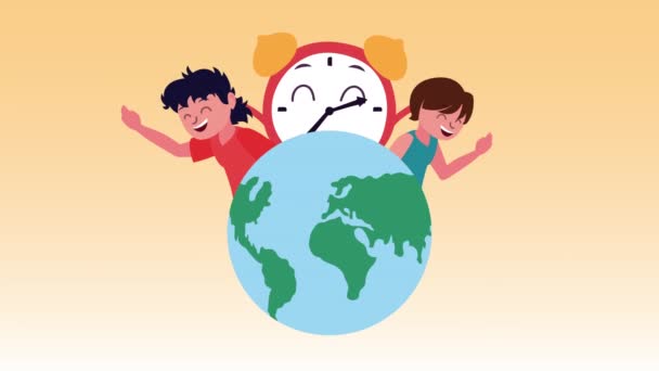 Jóvenes estudiantes con alarma reloj suministro kawaii animación cómica — Vídeo de stock