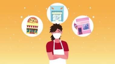 Satıcı kadın tıbbi maske takıyor ve binalara bakıyor.