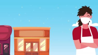 Satıcı ve satıcı tıbbi maske takıyor.