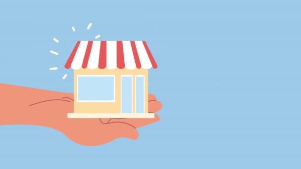 Stödja lokala affärs bokstäver med handlyft butik animation — Stockvideo
