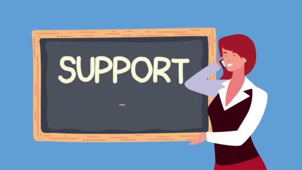 Steun lokale zakelijke belettering in schoolbord met vrouwelijke animatie — Stockvideo