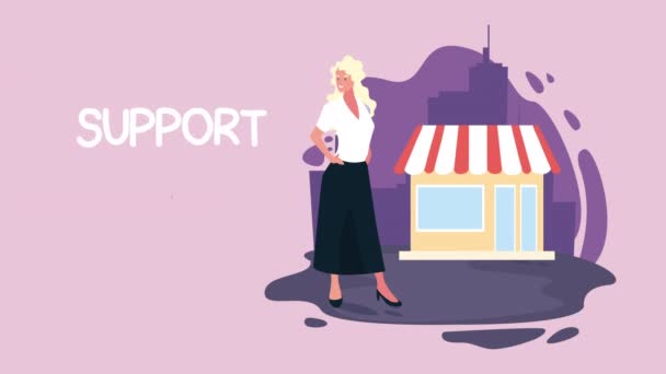 Support local business lettering with store building and businesswoman animation — Stock Video