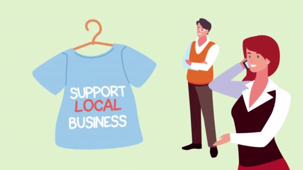 Support local business lettering in shirt with couple animation — Stock Video