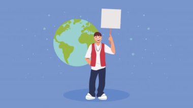 Genç adam pankartıyla ve dünya gezegeniyle protesto ediyor