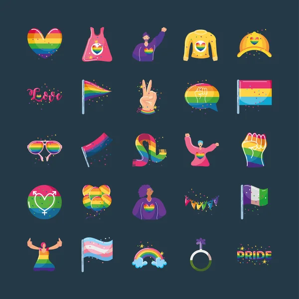 흑색 배경에 LGBTQ 커뮤니티 상징이 있는 아이콘들의 세트 — 스톡 벡터