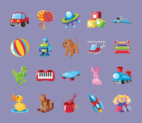 Conjunto de iconos niños juguete sobre fondo púrpura — Vector de stock