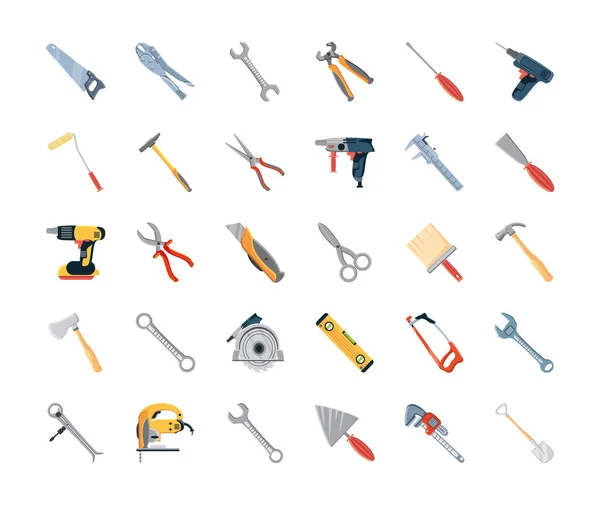 Conjunto de iconos con herramientas de construcción y carpintería en fondo blanco — Vector de stock