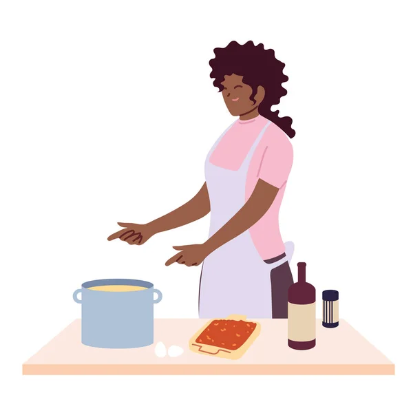 Kadın beyaz arka planda çorba hazırlıyor. — Stok Vektör