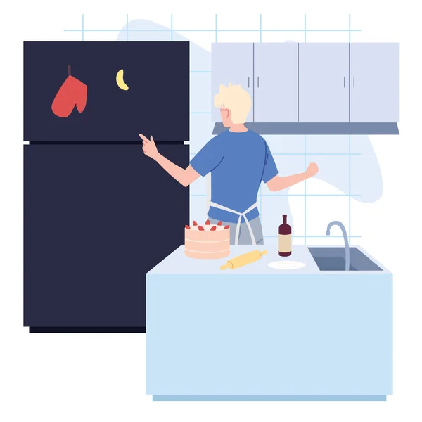 Young man preparing a cake in kitchen — Stock Vector