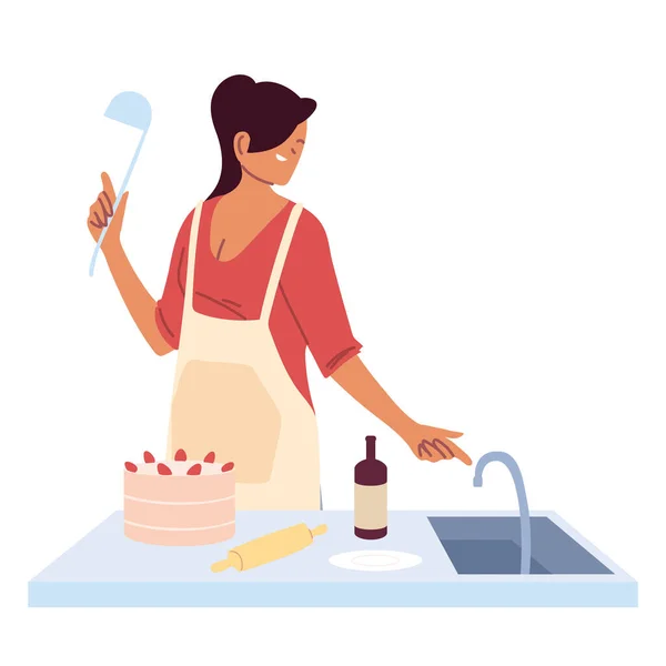 Young woman preparing a cake on white background — Stock Vector