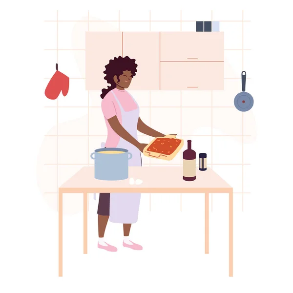 Žena připravuje polévku přes bílé pozadí — Stockový vektor