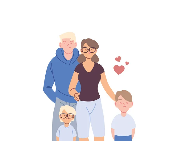 Mother father and sons cartoons with hearts vector design — Stock Vector