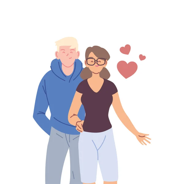 Couple of woman and man cartoons with hearts vector design — Stock Vector