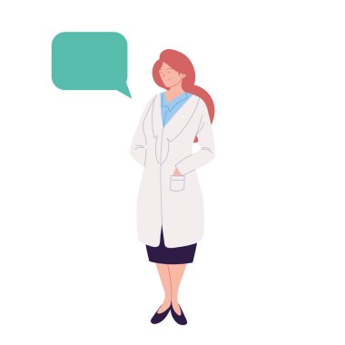 Üniformalı kadın doktor ve iletişim balonu vektör tasarımı