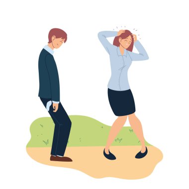 Baş ağrısı vektör tasarımlı iş adamı ve iş kadını karikatürleri