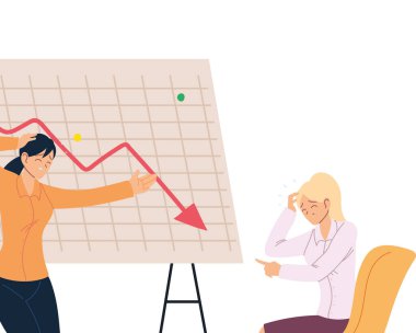 İş kadını karikatürlerinde baş ağrısı ve azalan ok vektör tasarımı