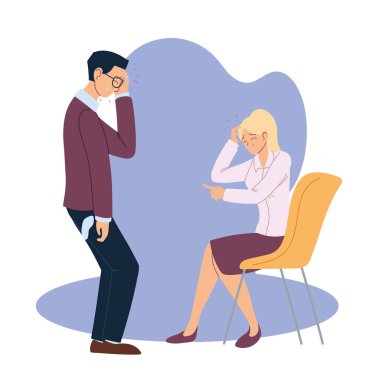 İş adamı ve iş kadını çizgi filmleri. Koltuk vektör tasarımında baş ağrısı var.