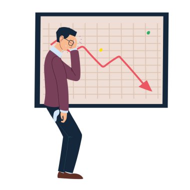 Baş ağrısı olan iş adamı karikatürü ve gemi vektör tasarımında azalan ok