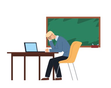 Sandalye ve masa vektör tasarımında baş ağrısı olan iş adamı çizgi filmi