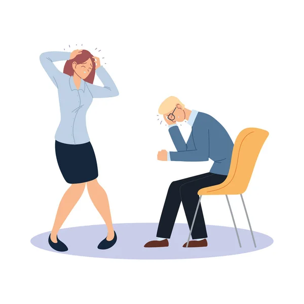 Geschäftsmann und Geschäftsfrau mit Kopfschmerzen beim Stuhlvektordesign — Stockvektor