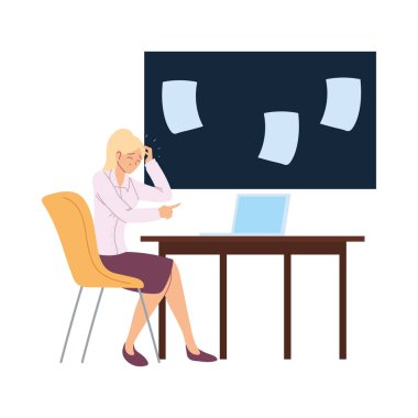 Sandalye ve masa vektör tasarımında baş ağrısı olan iş kadını çizgi filmi