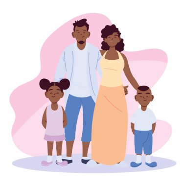 siyah anne baba kız ve oğul çizgi film tasarımı