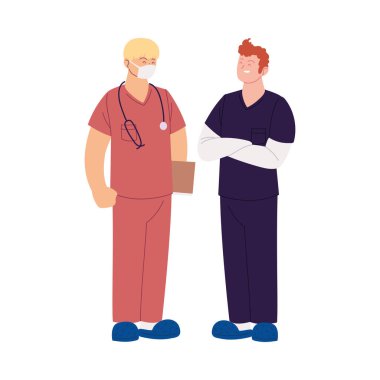Maskeli ve üniformalı erkek doktorlar vektör tasarımı