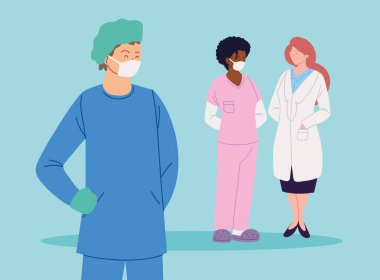 Üniformalı vektör tasarımlı kadın ve erkek doktorlar