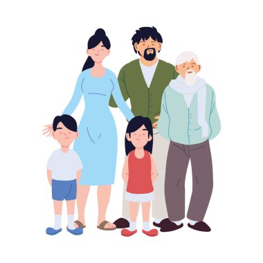 Anne baba kız ve oğul büyükbaba çizgi film tasarımı
