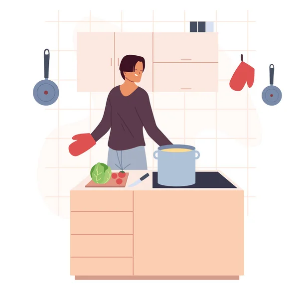 Νεαρός άνδρας ετοιμάζει σούπα στην κουζίνα — Διανυσματικό Αρχείο