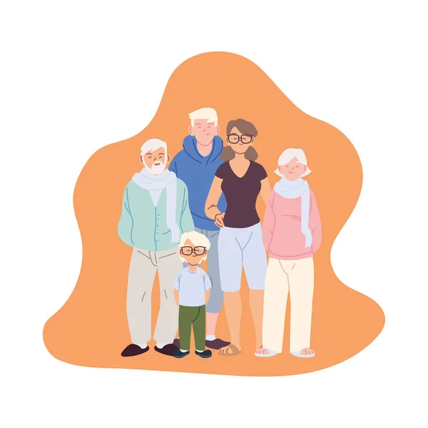 Mother father and son with grandparents cartoons vector design — Stock Vector