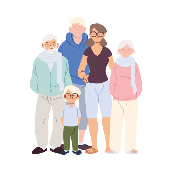 Mother father and son with grandparents cartoons vector design — Stock Vector