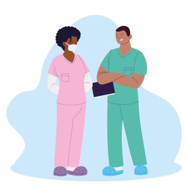 Kadın ve erkek doktorlar maskeli ve üniformalı vektör tasarımlı.