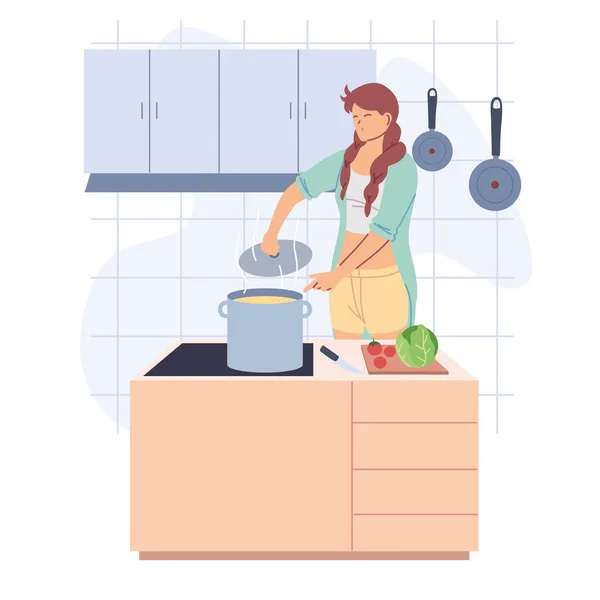 在厨房做饭的年轻女人 — 图库矢量图片