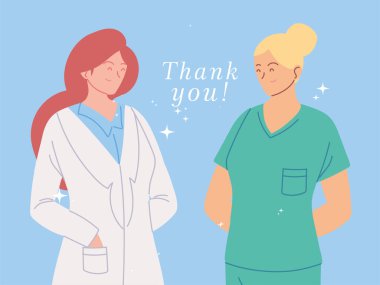 Üniformalı kadın doktorlar ve metin vektör tasarımı için teşekkürler.