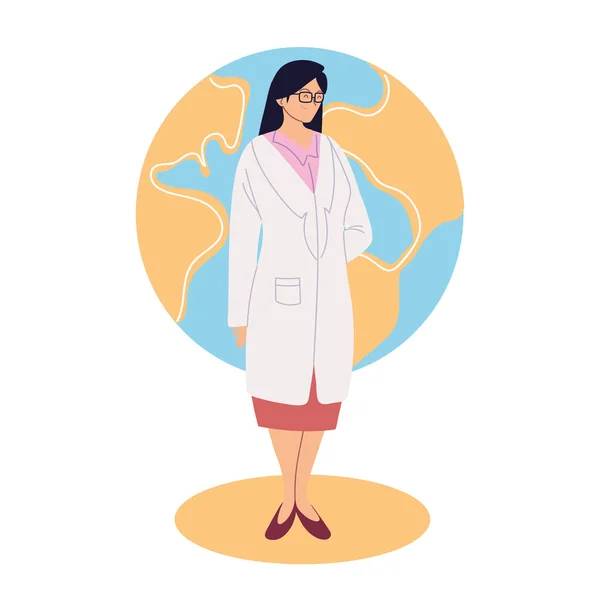 Жінка-лікар з уніформою перед світовою сферою Векторний дизайн — стоковий вектор