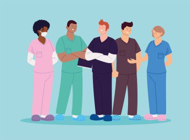 Üniformalı vektör tasarımlı kadın ve erkek doktorlar