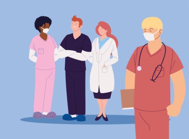 Üniformalı vektör tasarımlı kadın ve erkek doktorlar