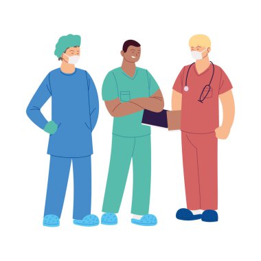 Maskeli ve üniformalı erkek doktorlar vektör tasarımı