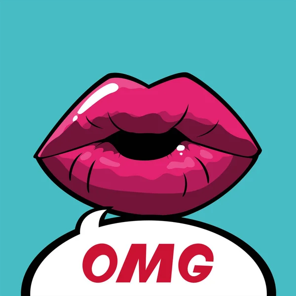 Жіночий і рожевий поп-арт рот з Omg бульбашкою Векторний дизайн — стоковий вектор
