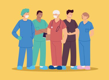 Üniformalı vektör tasarımlı kadın ve erkek doktorlar